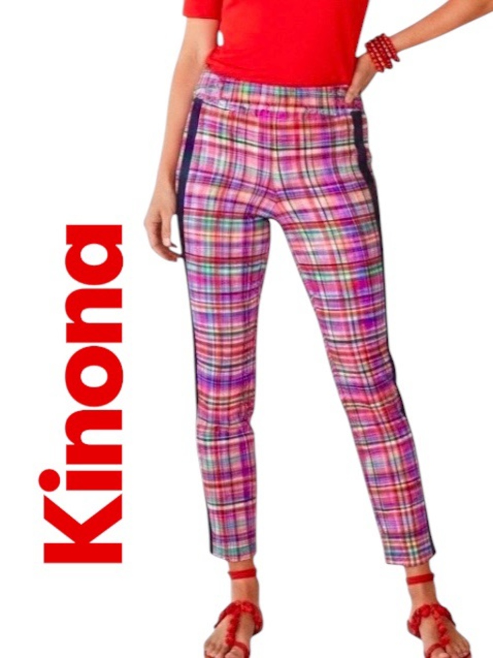 Kinona Golf Pants Colorful Plaid Pull On Zip/Pockets Slit/Bottom Size L NWOT